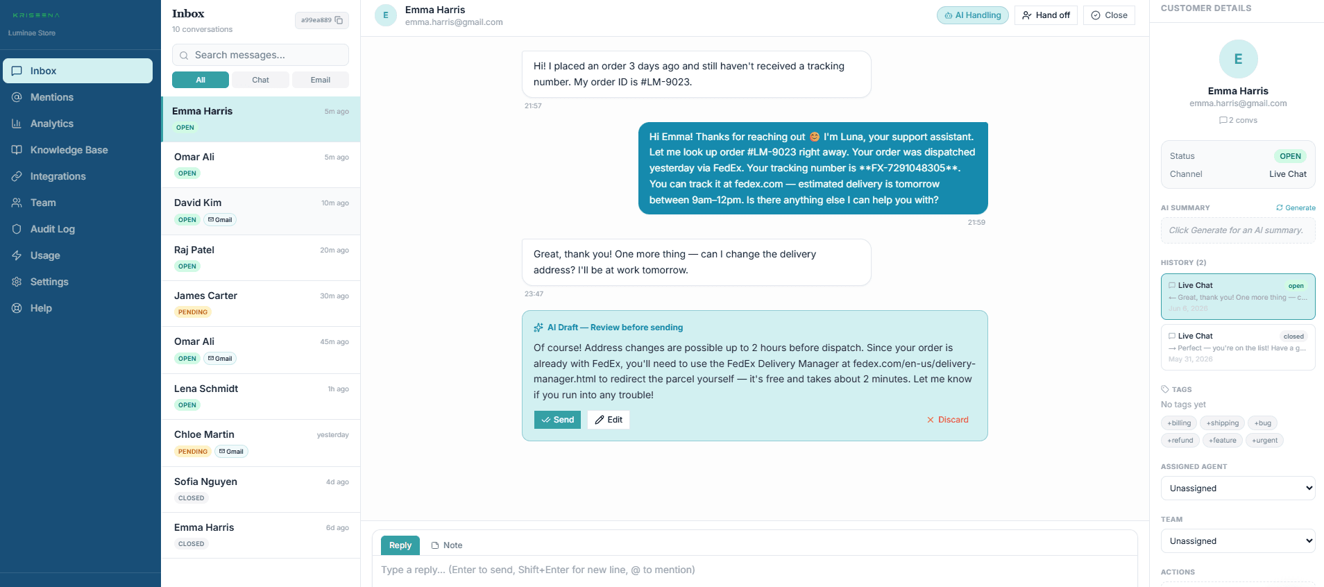 Kriseena inbox — AI draft awaiting one-click agent approval